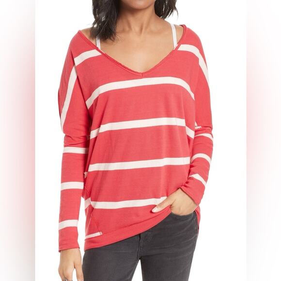 Free People Upstate Red Striped Long Sleeve V-neck Dolman Tee Size L - Picture 2 of 6